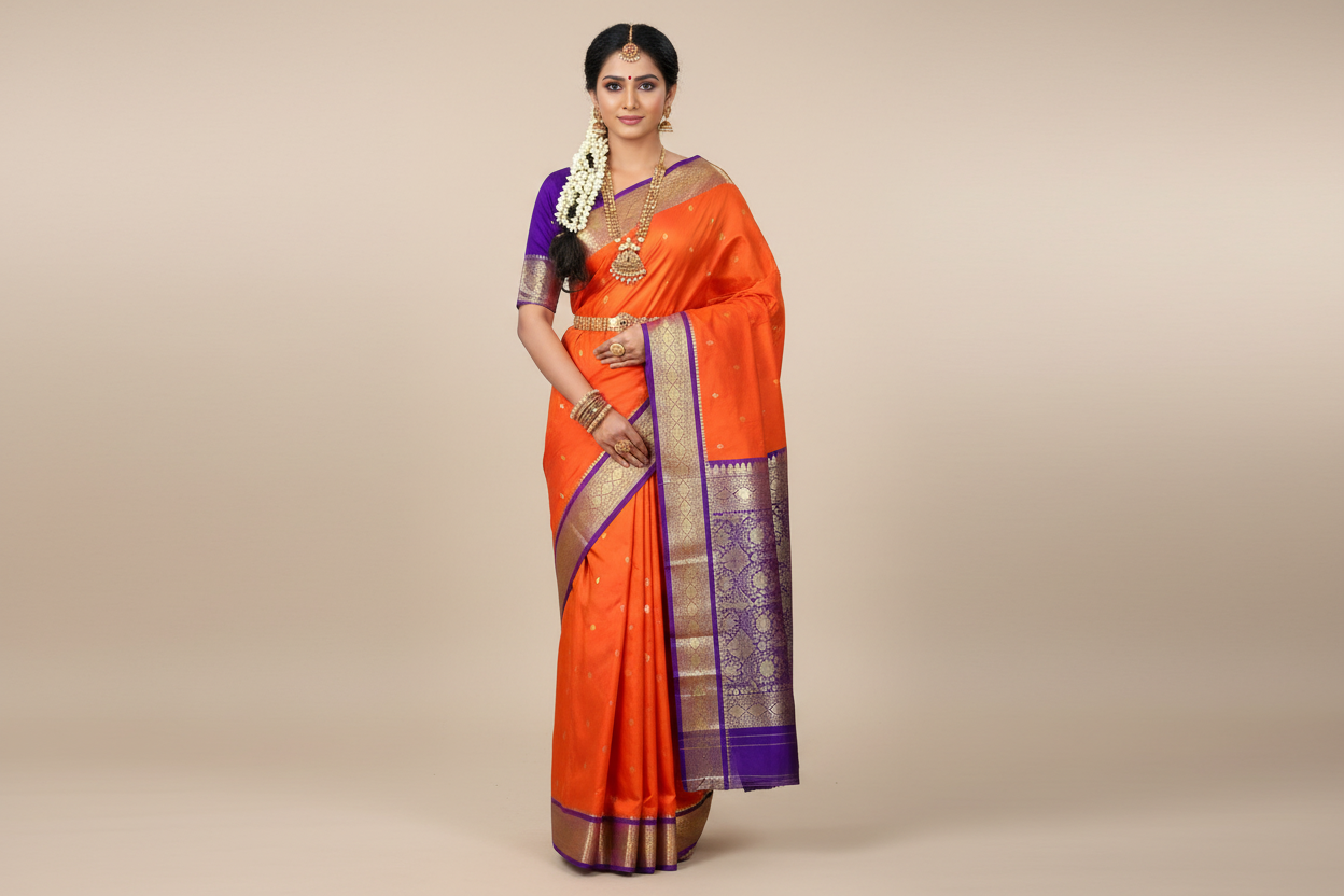 Orange Colour Saree with Golden and Blue Border