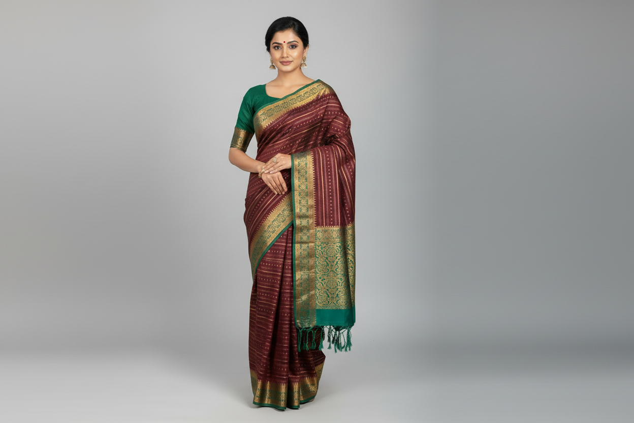 Soft Vegan Silk Saree Brown Colour with Rama Green and Copper Border