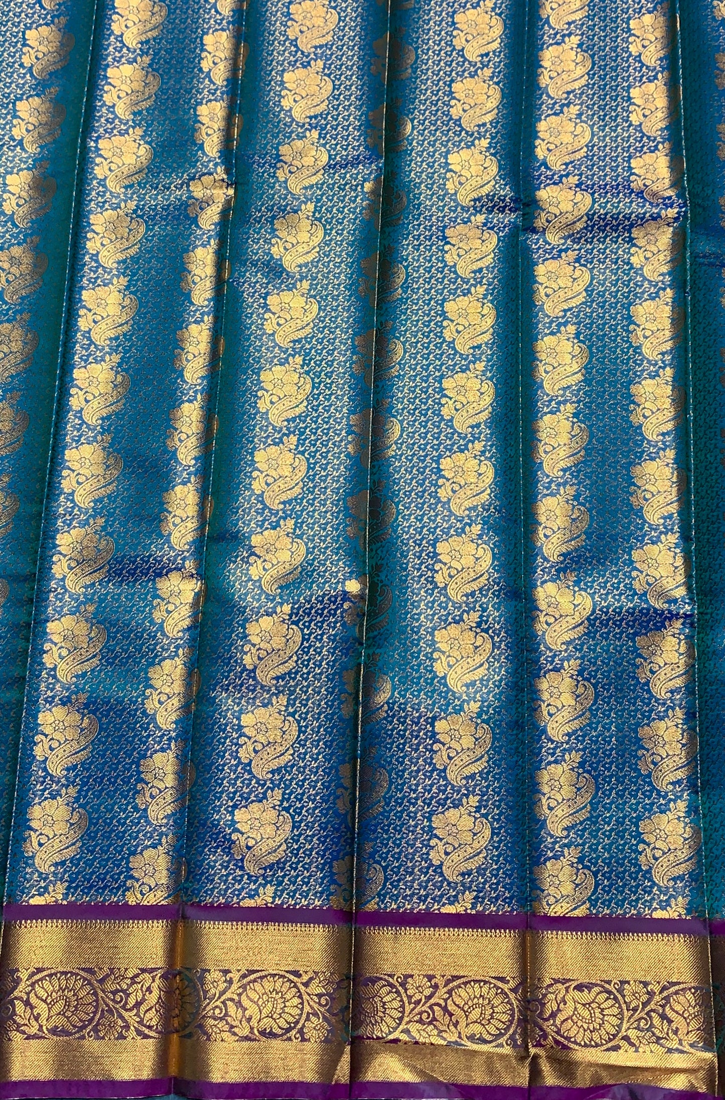 Vegan Silk Saree Peacock Blue Colour with Copper and Magenta Border