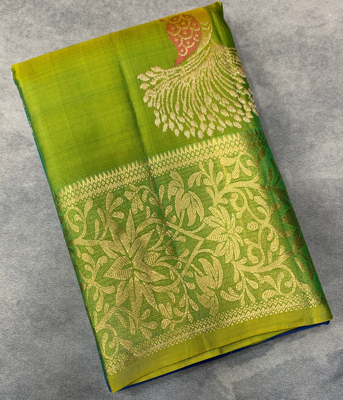 Pure Kanchipuram Silk Saree Peacock Blue Colour with Metalic Golden Zari Border