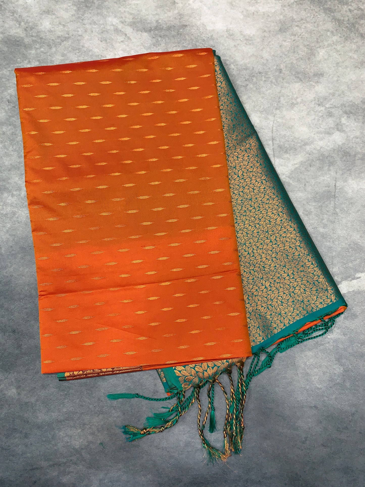 Soft Vegan Silk Saree Light Orange Colour with Green and Copper Border