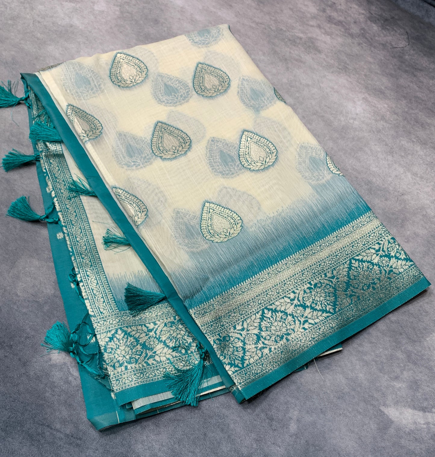 Banaras Katan Saree Off White Colour with Katan Work Border