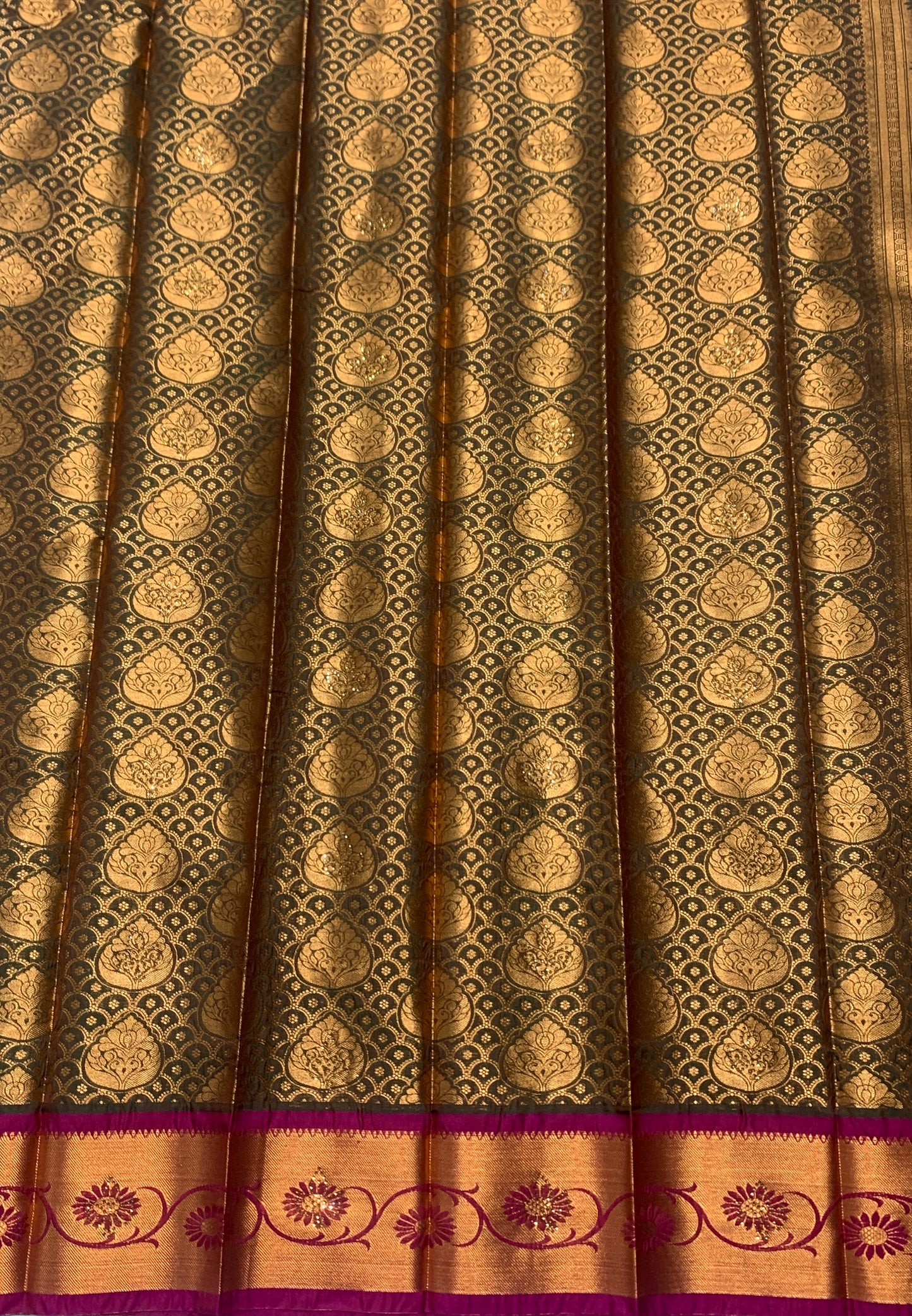 Vegan Silk Saree Olive Green Colour with Copper and Pink Border