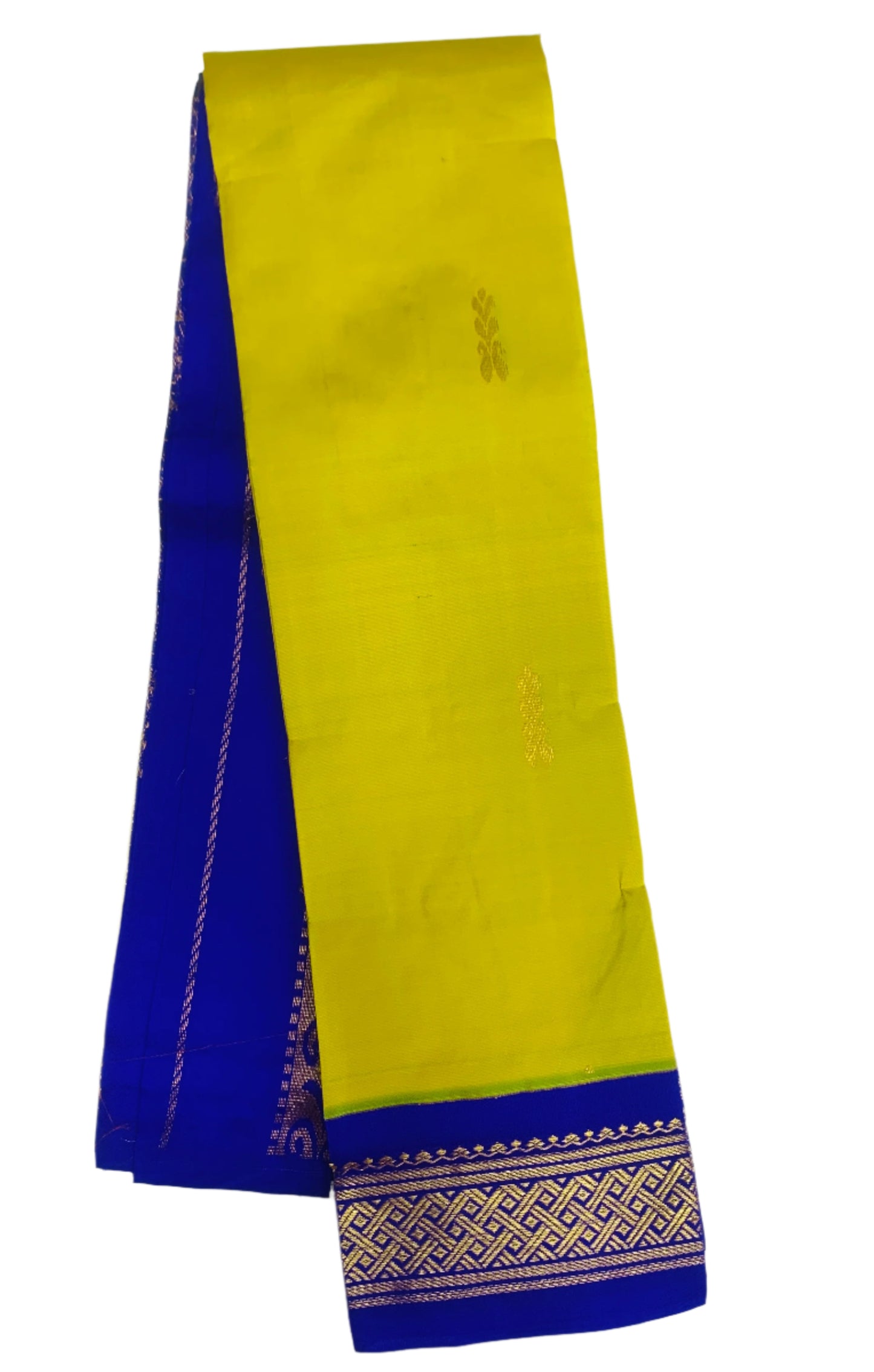 Semi Silk Saree Yellow Green Colour with Blue and Gold Zari Border