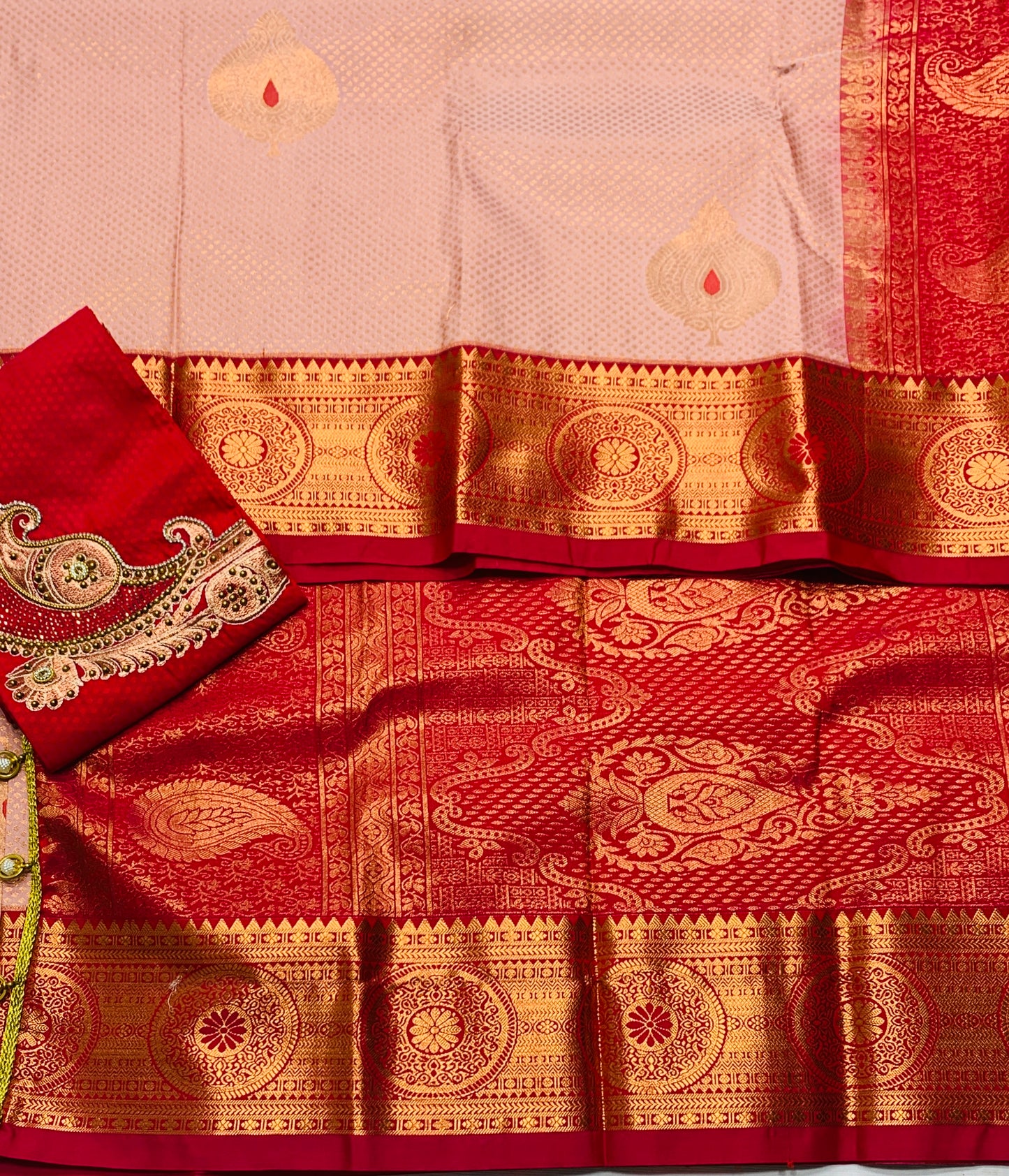 Bridal Vegan Silk Saree Peach Colour with Red Border with Unstitched blouse in Aari work