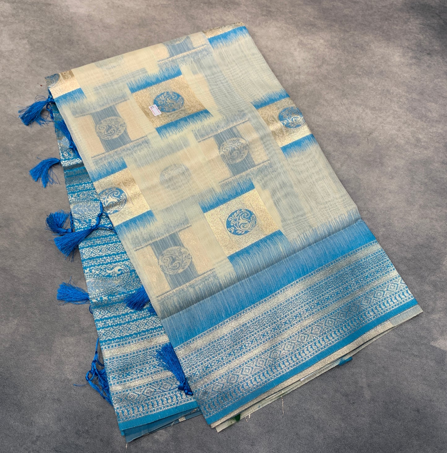 Banaras Katan Saree Off White Colour with Sky Blue Katan Work Border