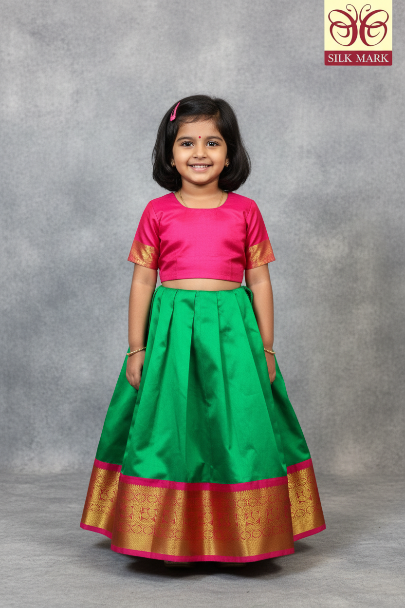 Light Green Shade Pure Kanchipuram Kids Pattu Pavadai with Contrast Border for Newborn to 2 Years