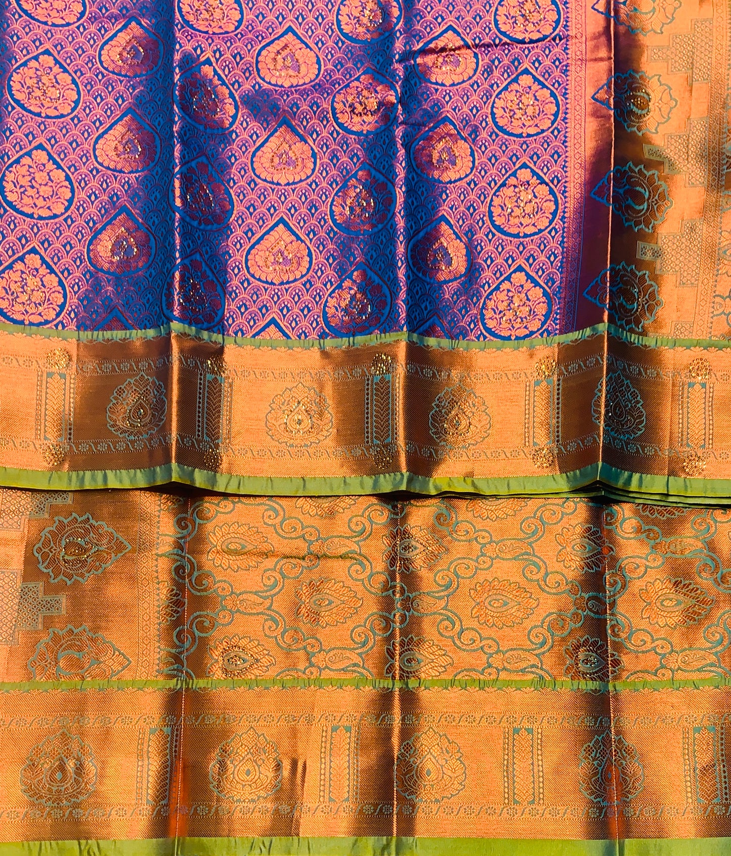 Vegan Silk Saree Blue Colour with Copper and Light Green Border