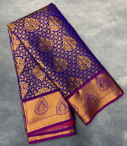 Vegan Silk Saree Violet Colour with Copper and Magenta Border