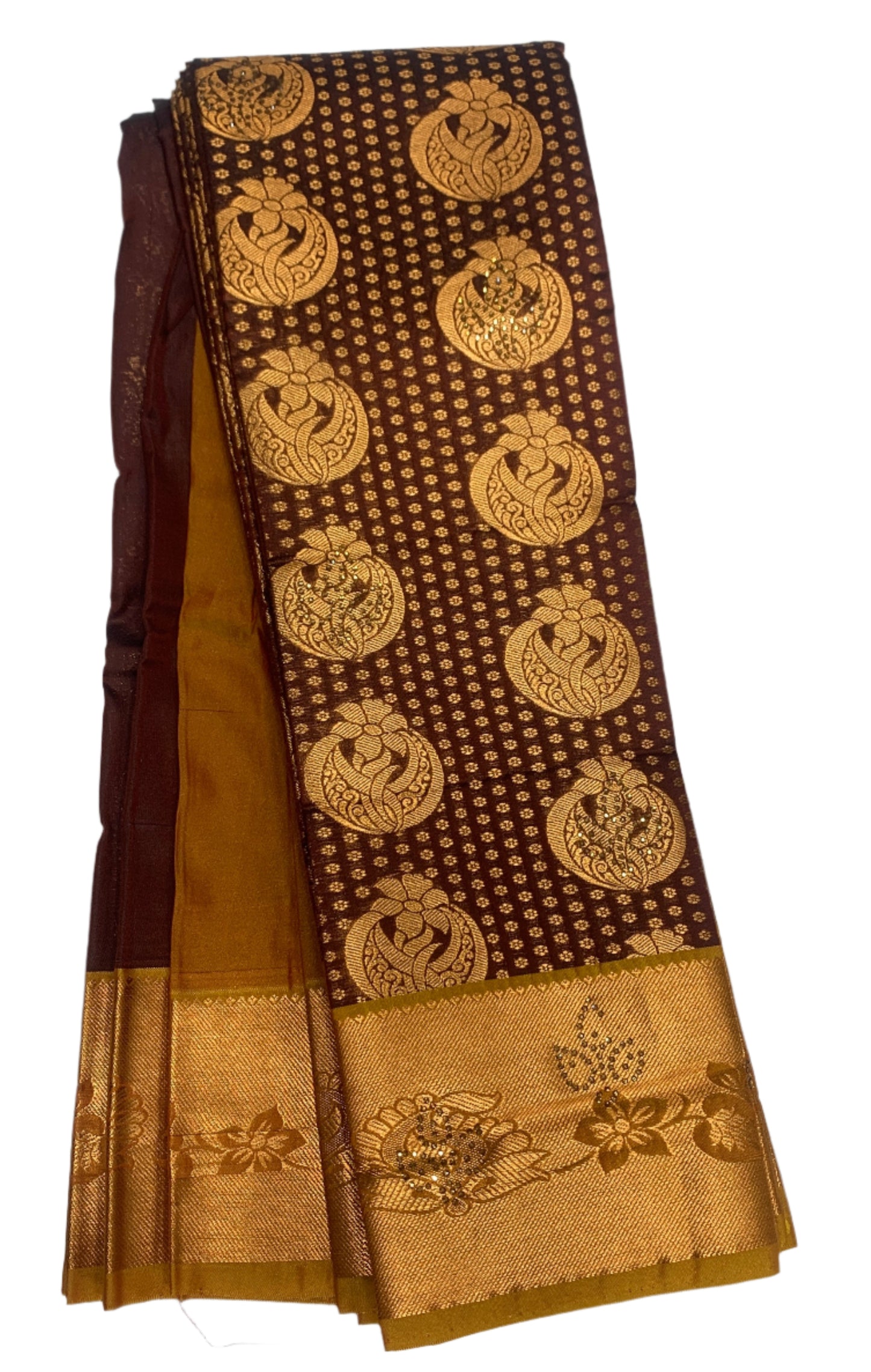 Vegan Silk Saree Brown Colour with Copper and Mustard Border