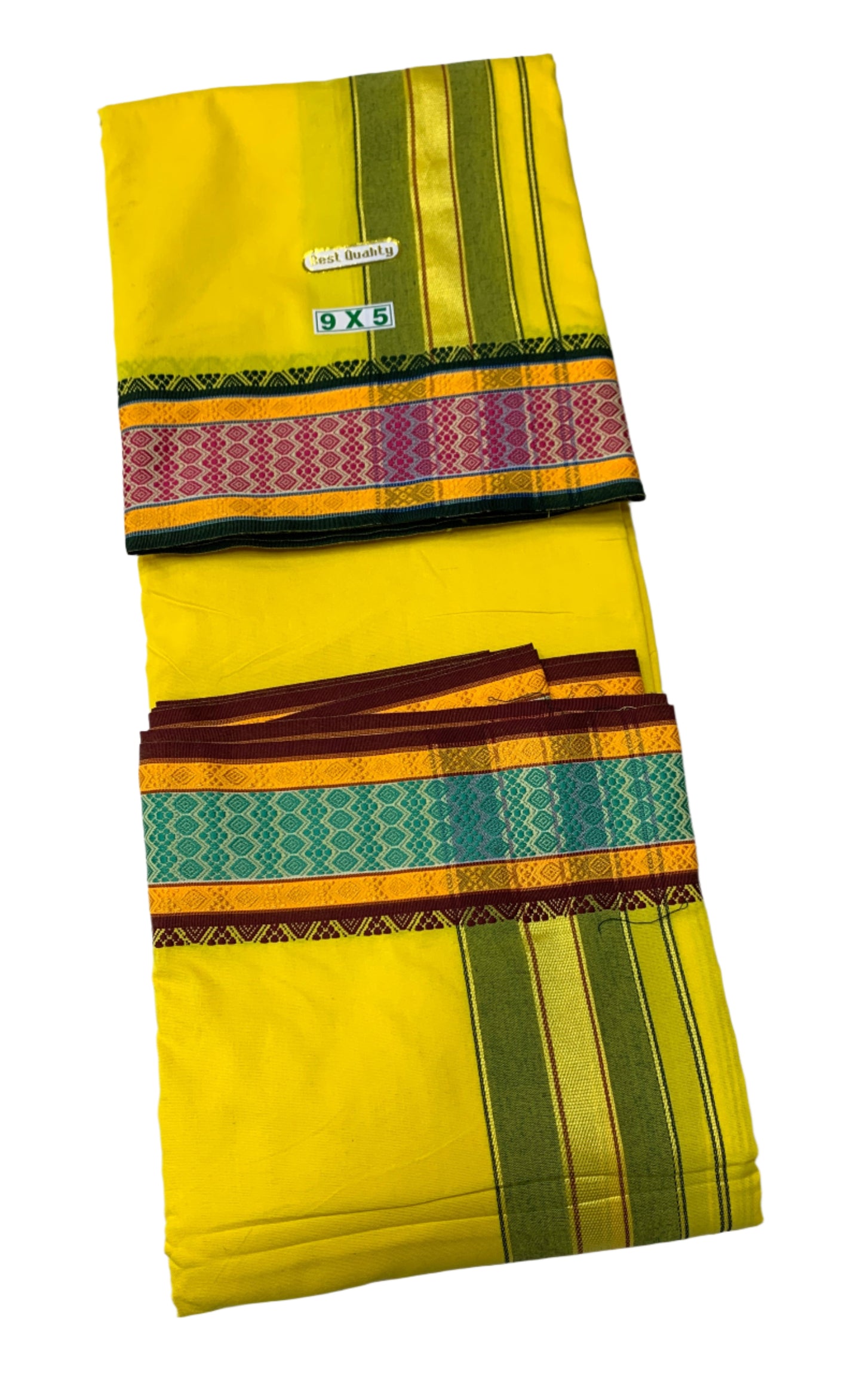 9X5 Cotton Dhoti Yellow Pink and Rama Green Border with Angavastram