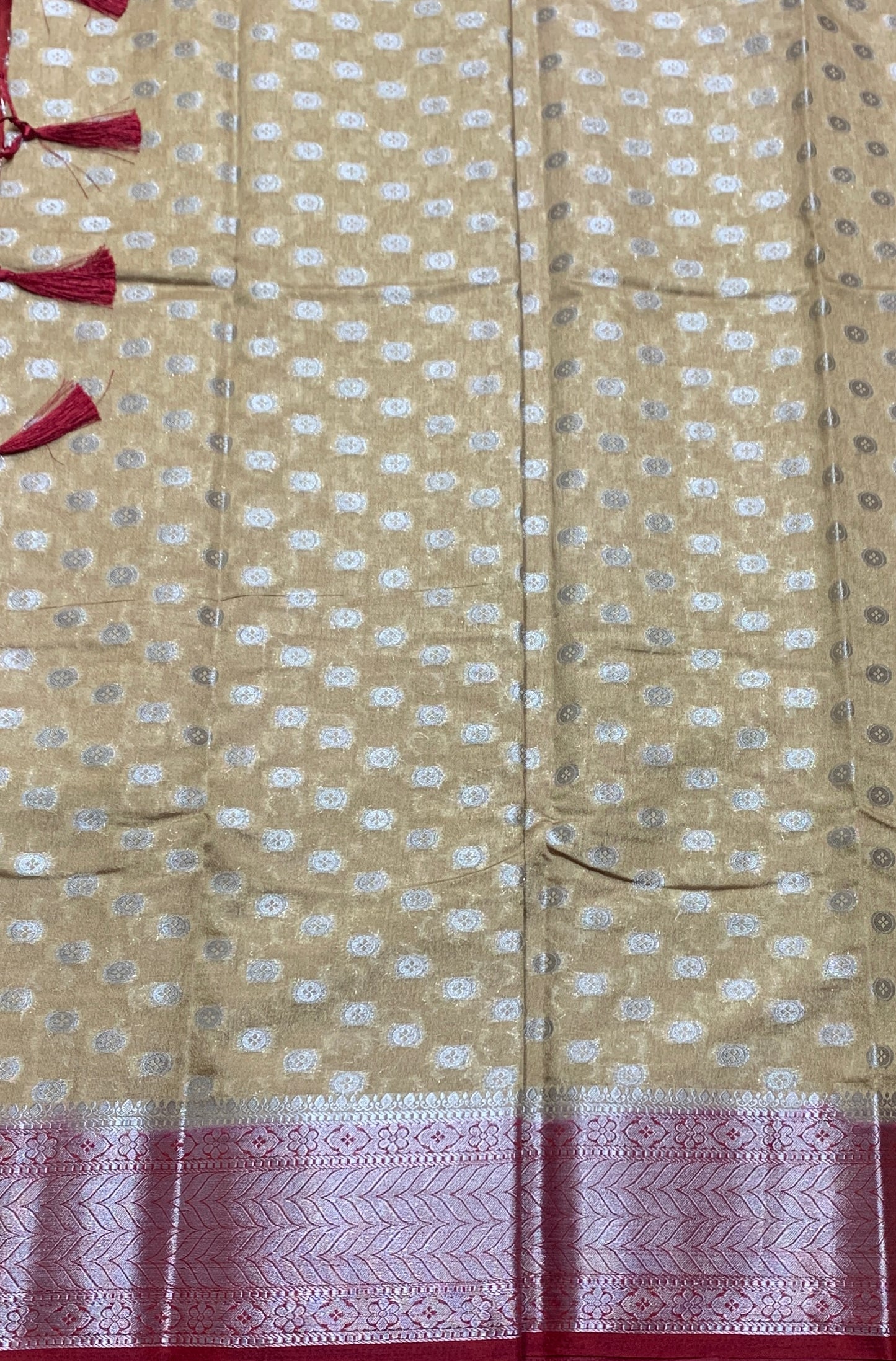 Crepe Saree Biscuit Colour with Maroon Border