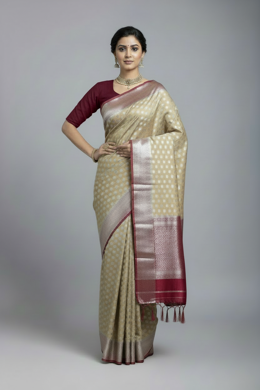 Crepe Saree Biscuit Colour with Maroon Border