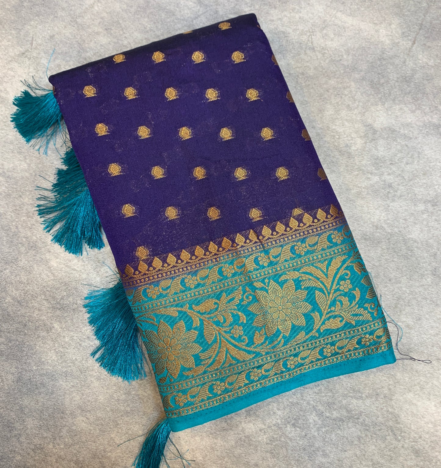 Crepe Saree Navy Blue Colour with Sky Blue Border