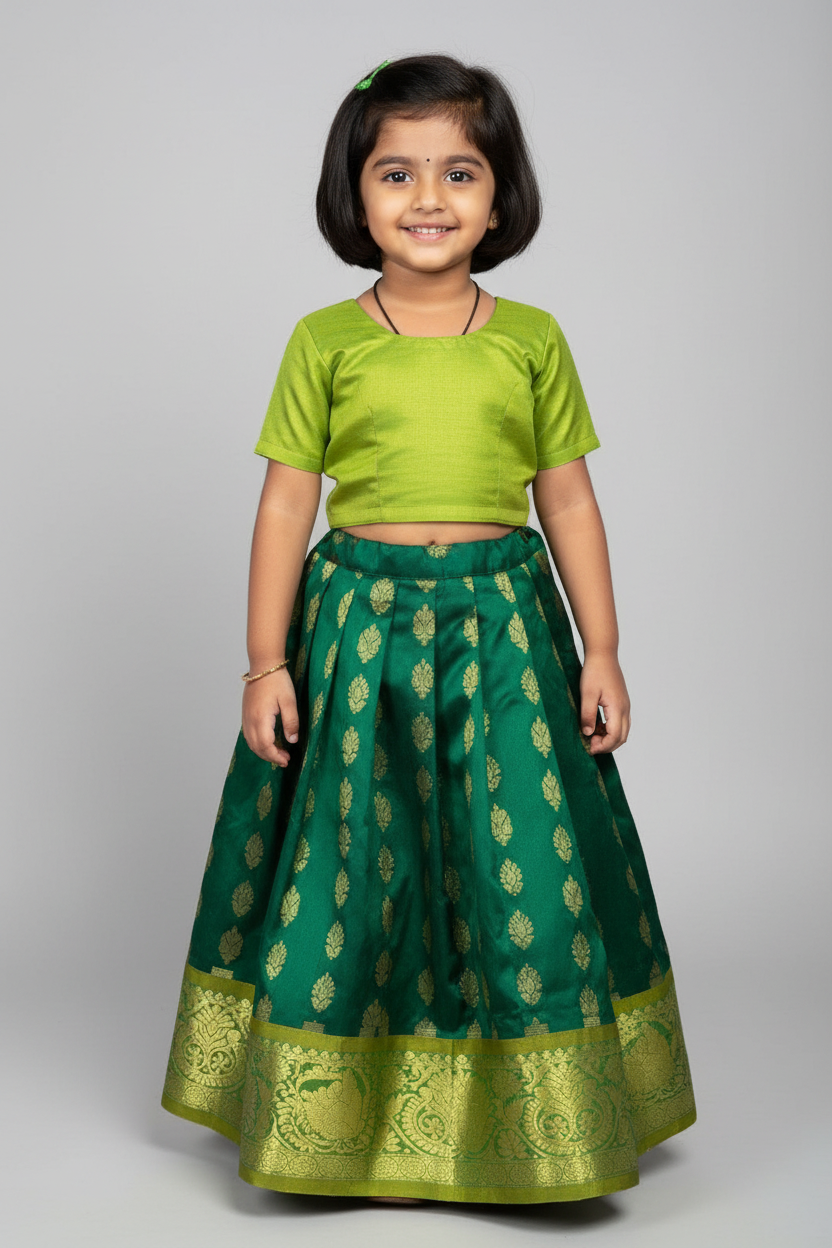 Green Shade Pure Kanchipuram Kids Pattu Pavadai with Contrast Border for Newborn to 2 Years