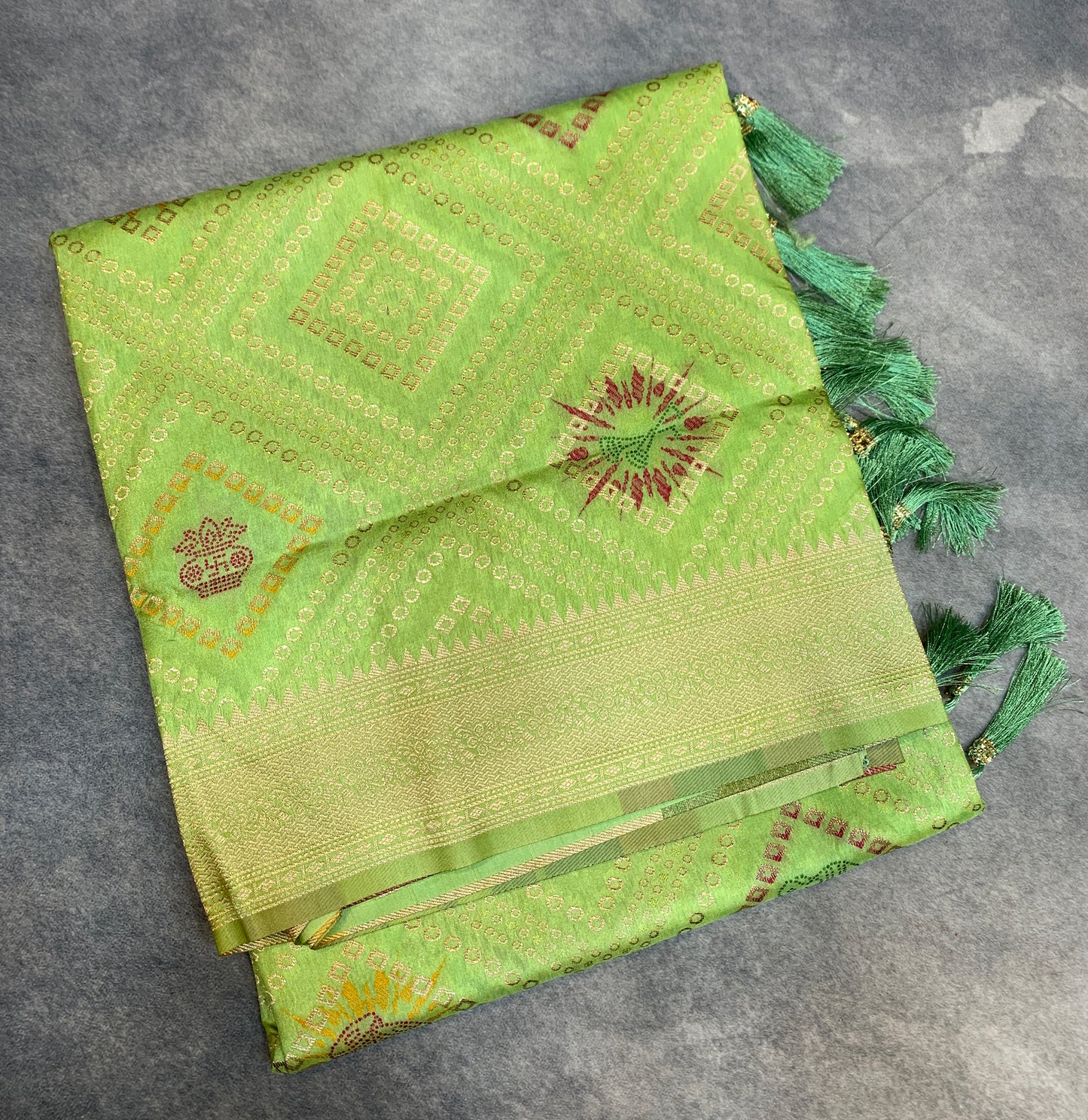 Banaras Soft Silk Saree Apple Green Colour with Sliver Colour Floral Design Border
