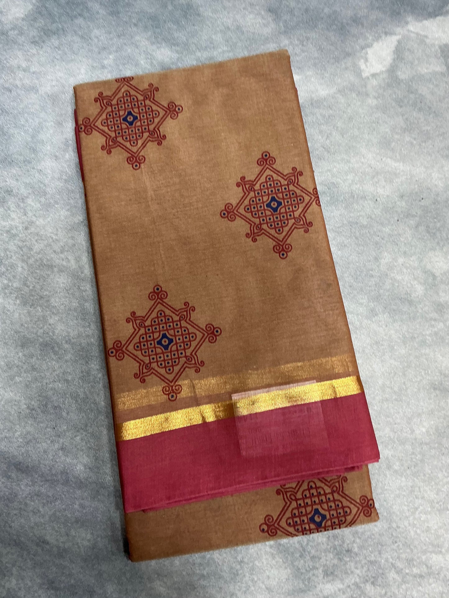 Chettinad Sungudi Cotton Light Honey Brown Colour with Strawberry Red Colour Border
