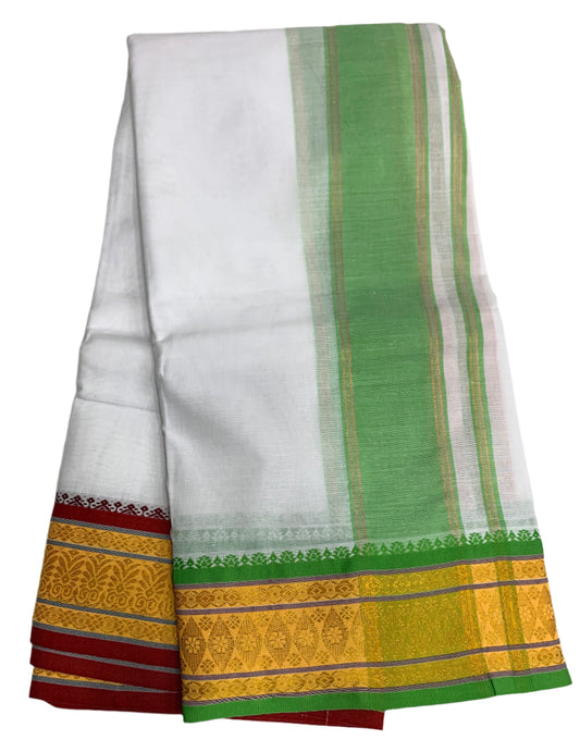 9X5 Cotton Dhoti Yellow and Light Green Border with Angavastram