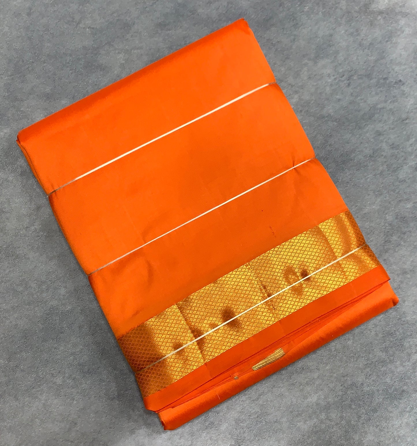 9X5 Pure Silk Dhoti Golden Orange with Large Golden Zari Border