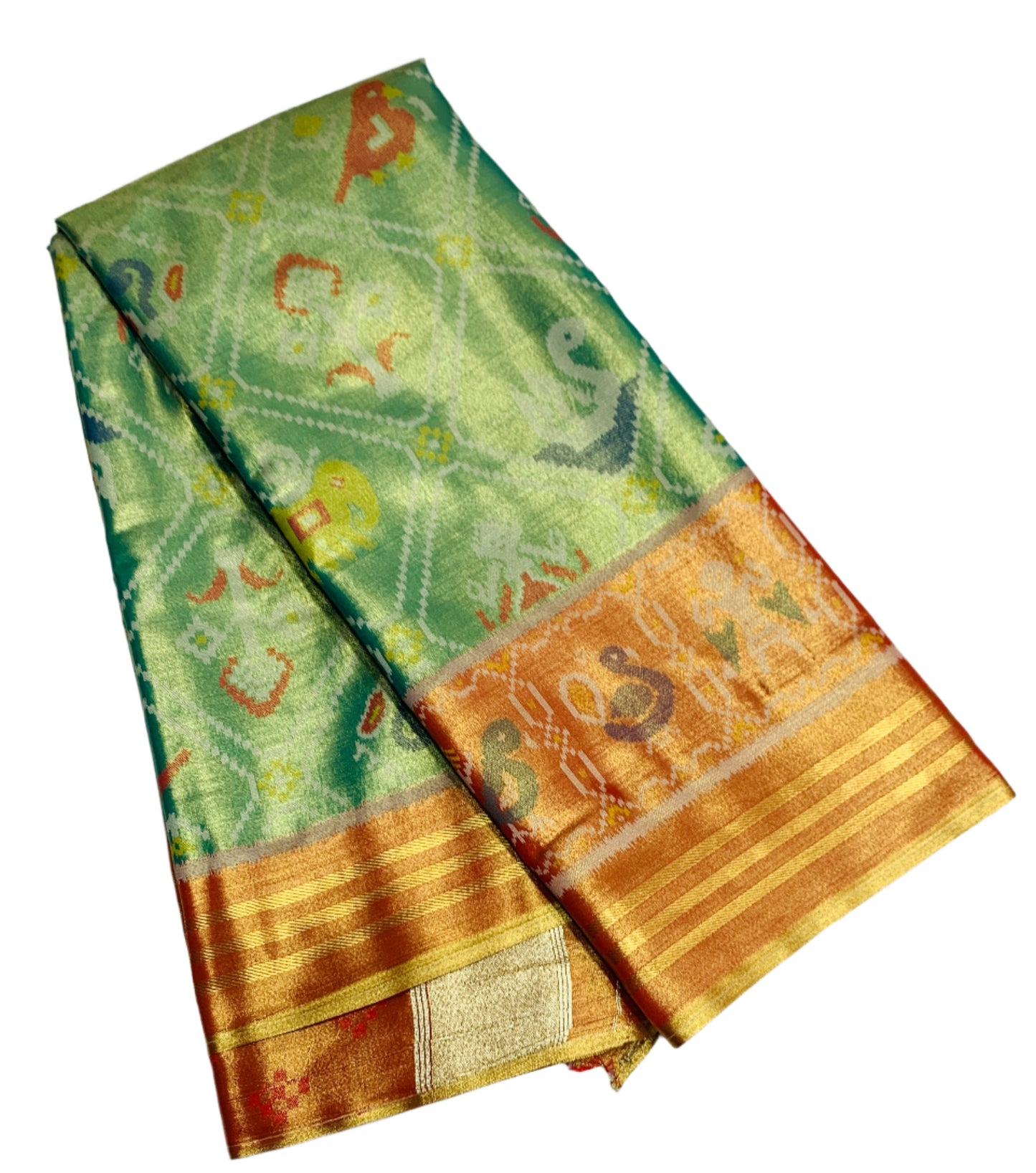 Pochampalli Tissue Silk Saree Golden Green Colour with Golden Orange Border