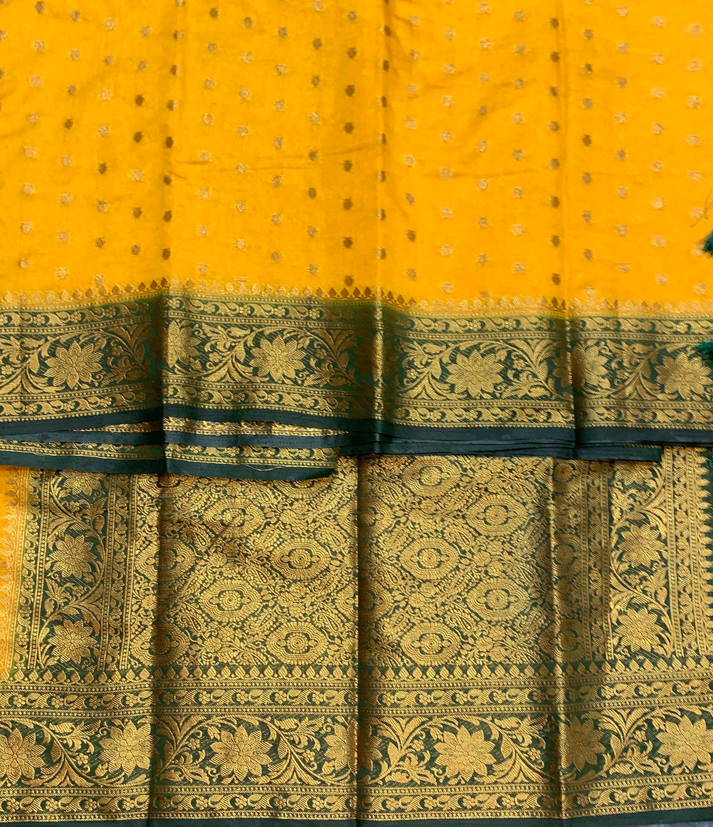 Crepe Saree Mustard Colour with Green Border