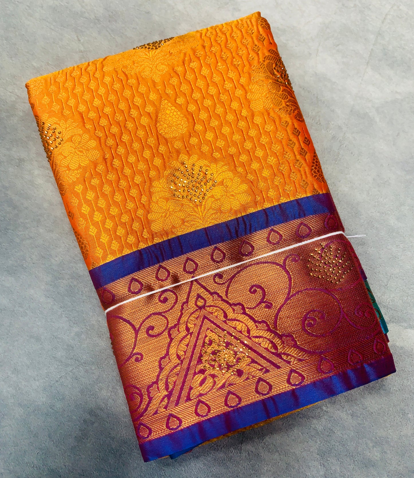 Vegan Silk Saree Mustard Colour with Copper and Blue Border