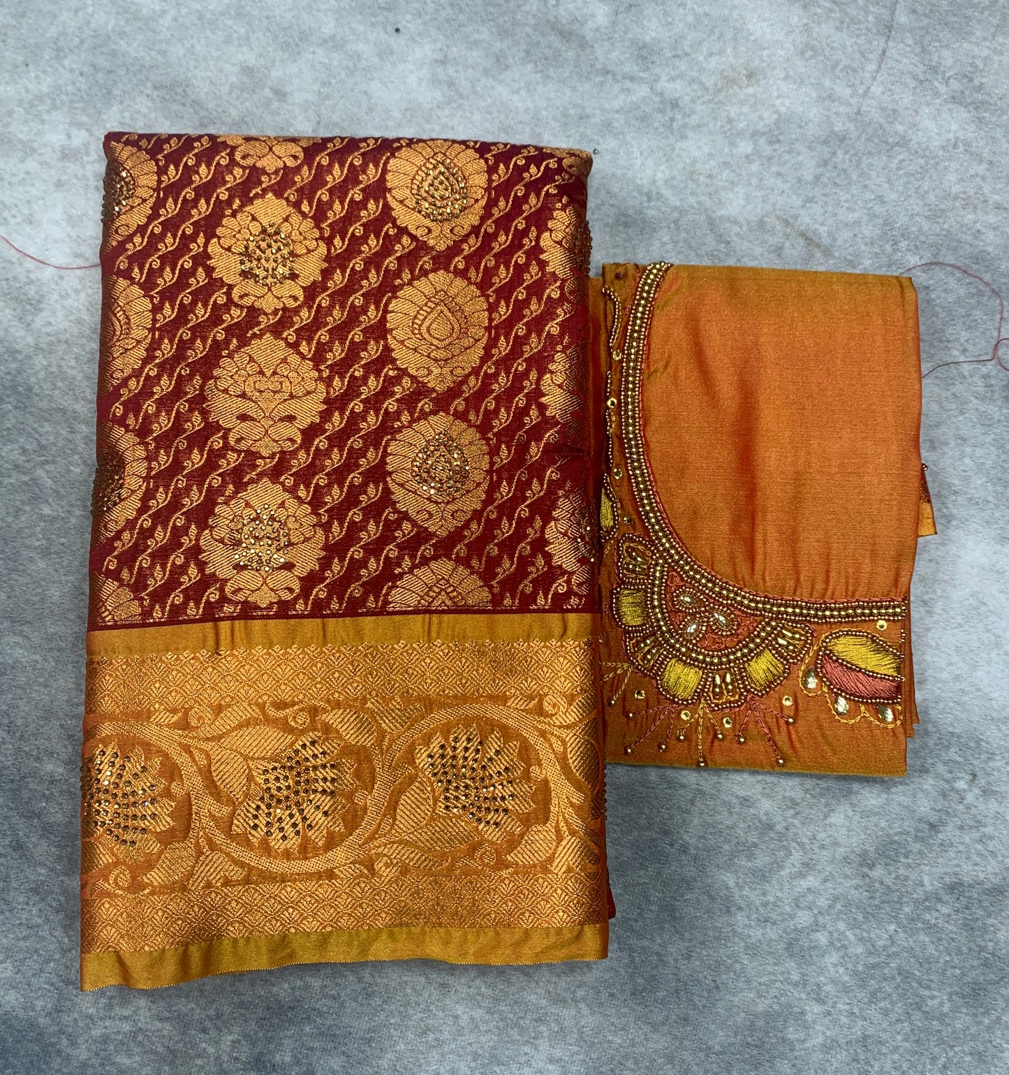 Bridal Vegan Silk Saree Maroon shade with Golden Yellow Border with Unstitched blouse in Aari Work
