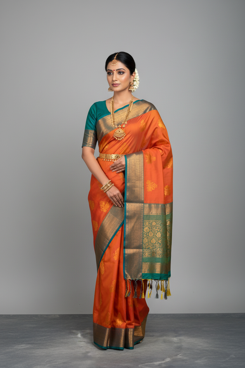 Soft Vegan Silk Saree Orange Colour with Light Green and Copper Border