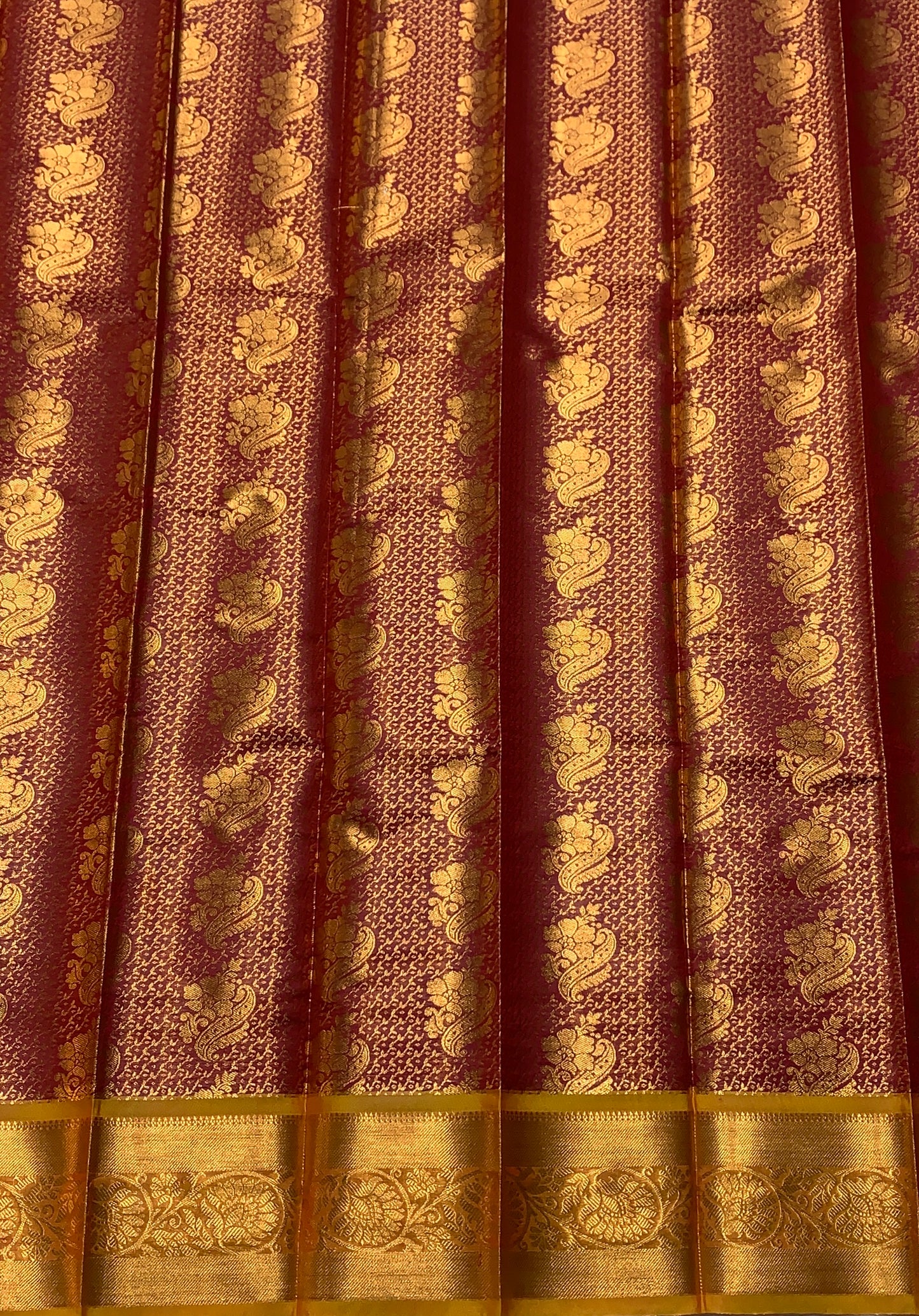 Vegan Silk Saree Maroon Colour with Copper and Golden Yellow Border