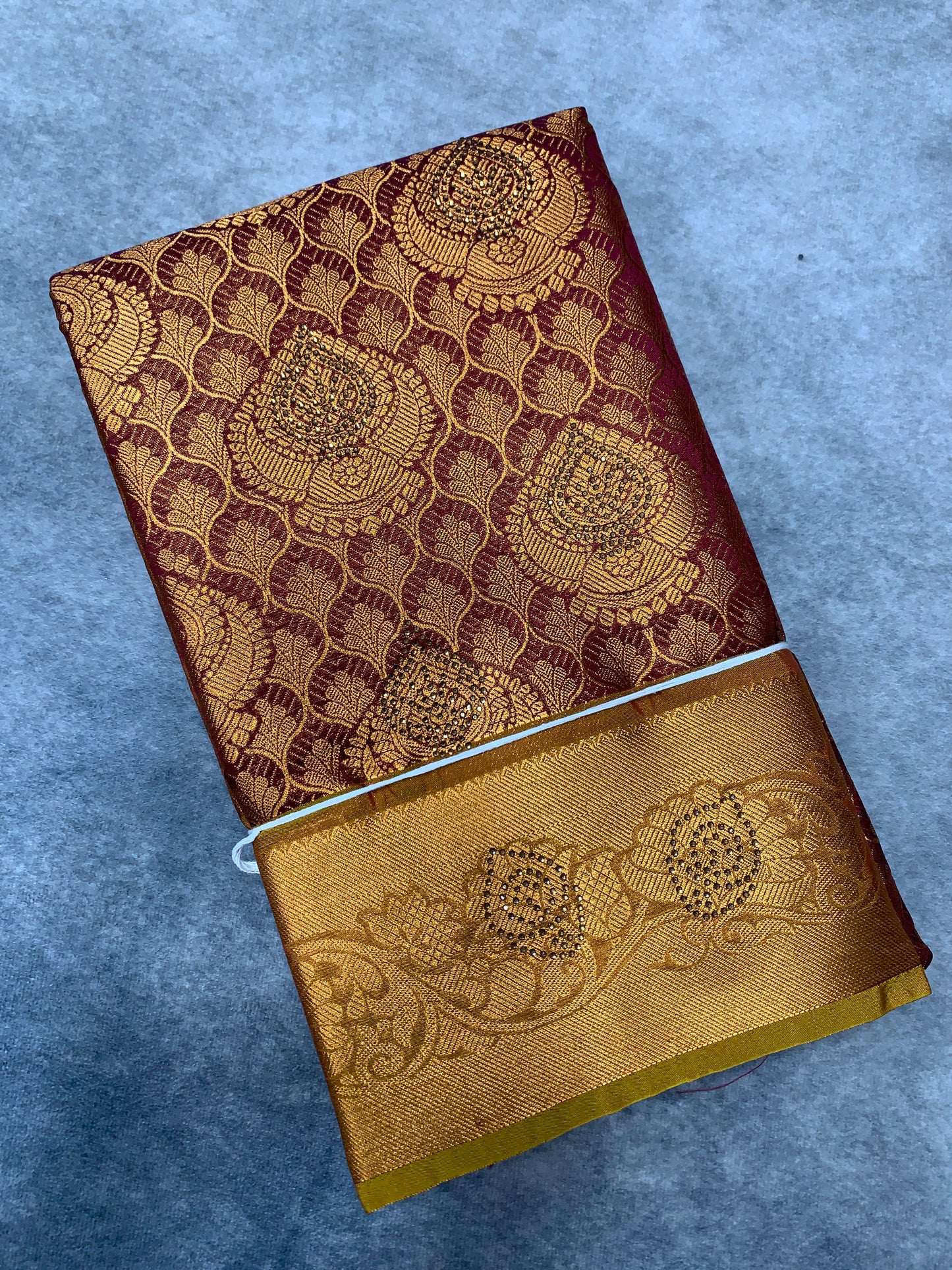 Vegan Silk Saree Maroon Colour with Copper and Golden Yellow Border