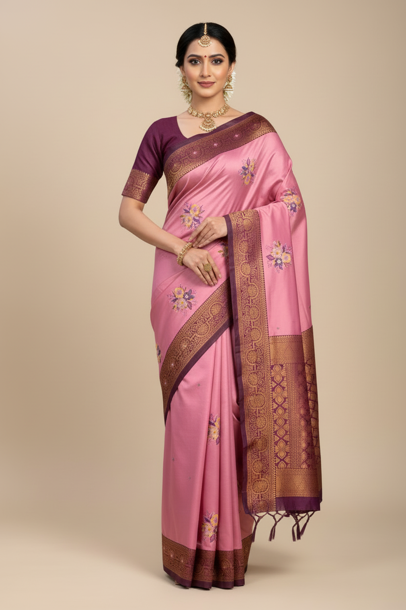 Fancy Tissue Saree Pink Colour with Magenta Border