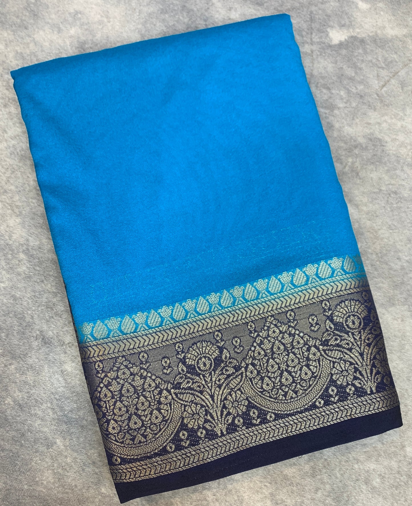 Crepe Saree Sky Blue Colour with Navy Blue Border