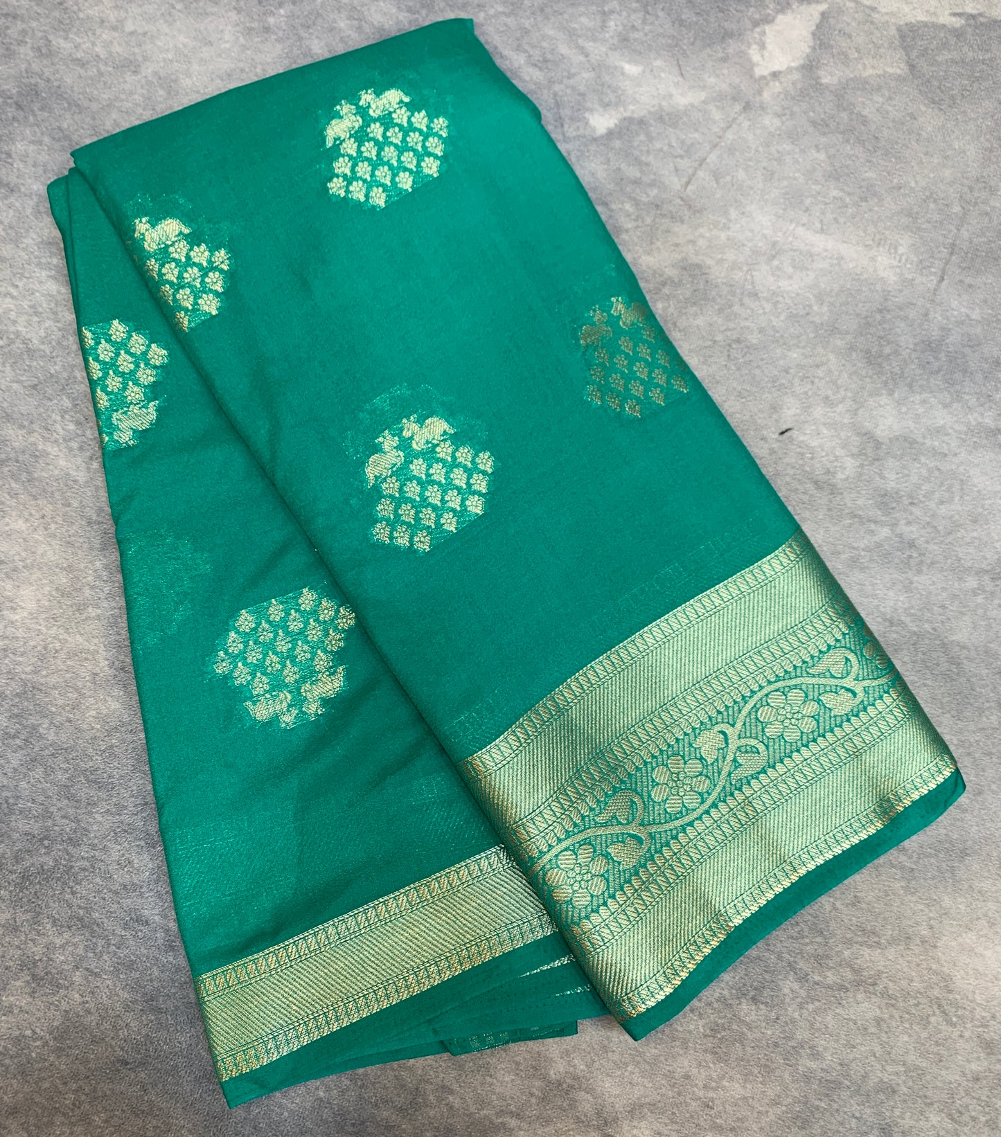 Crepe Saree Rama Green Colour with Sliver Zari work Border