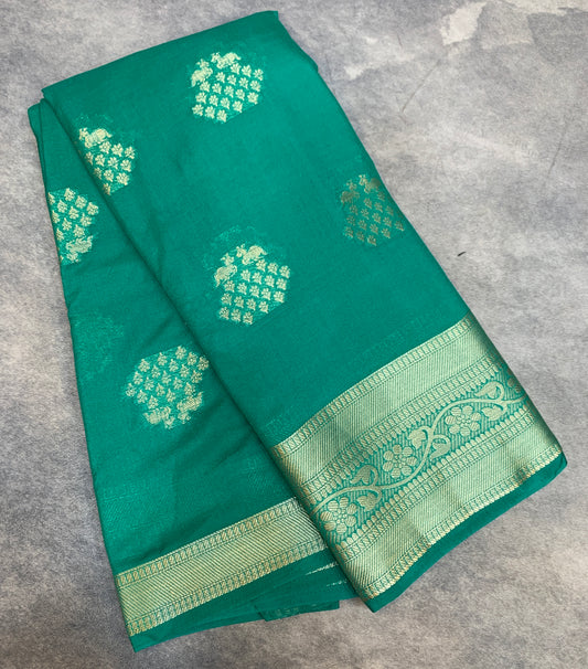 Crepe Saree Rama Green Colour with Sliver Zari work Border