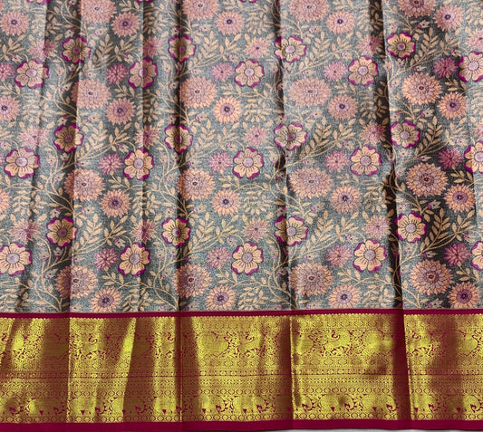Gray Shade Vegan Silk Kids Pattu Pavadai with Contrast border for age 2 to 5