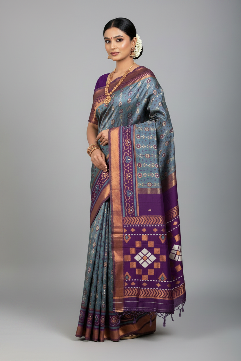 Pochampalli Semi Silk Saree Gray Colour with Magenta Border