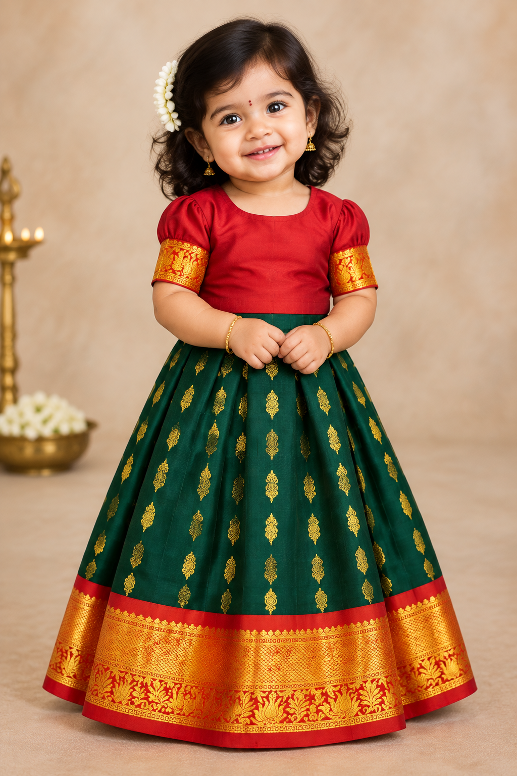 Green Shade Pure Kanchipuram Kids Pattu Pavadai with Contrast Border for age 2 to 5