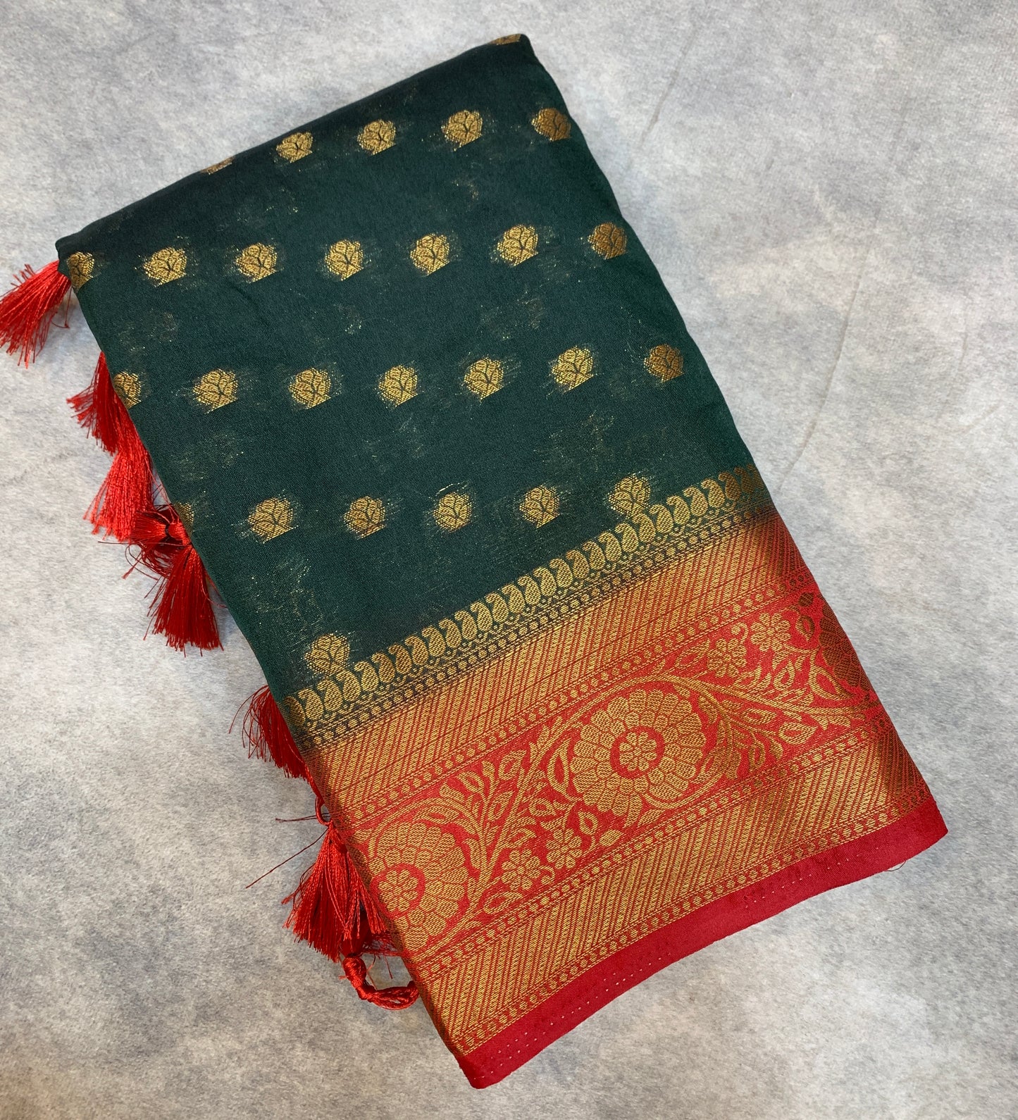 Crepe Saree Green Colour with Maroon Border