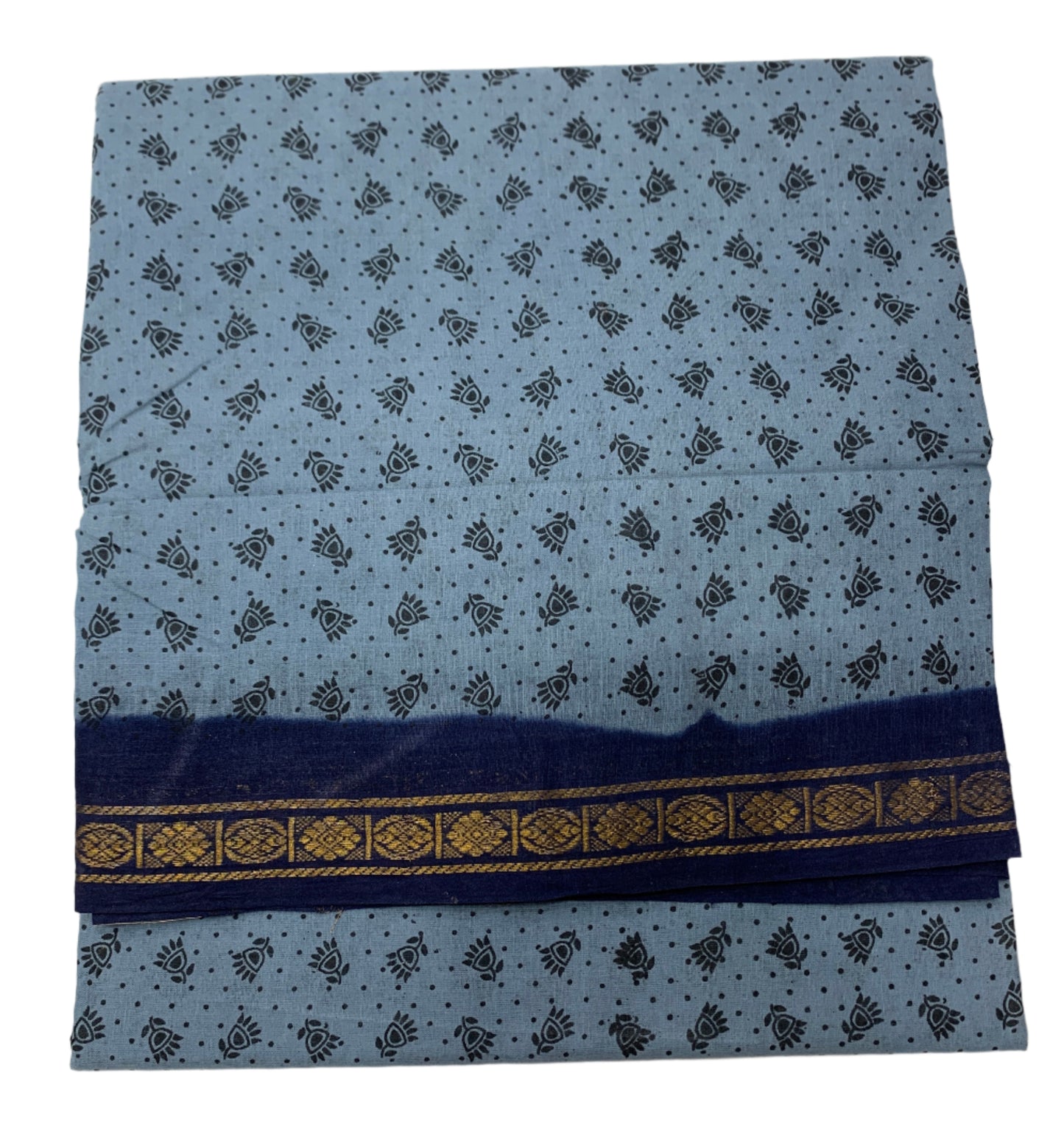 9 yards Cotton Saree Gray Colour with Navy Blue Border