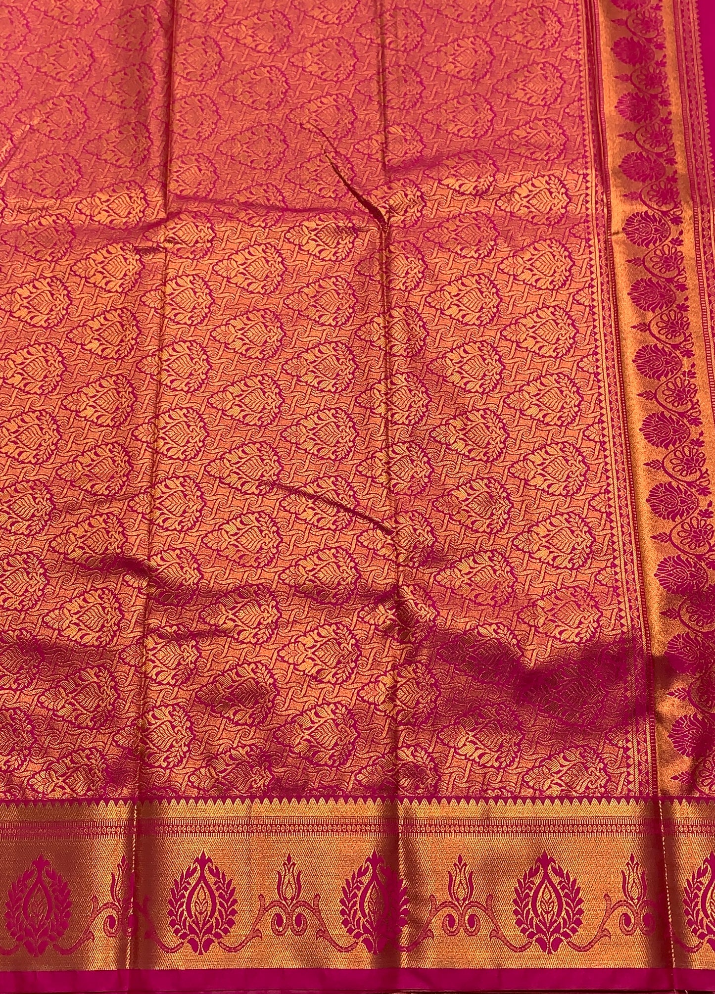 Soft Silk Casual Saree Golden Colour with Pink Colour and Copper Zari Border