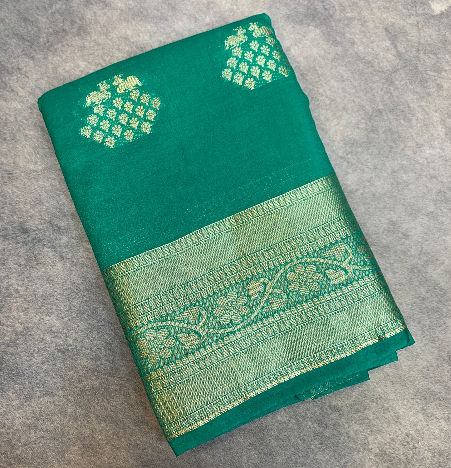 Crepe Saree Rama Green Colour with Sliver Zari work Border
