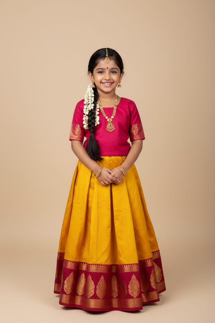 Mango Yellow Shade Pure Kanchipuram Kids Pattu Pavadai with Contrast Border for age 5 to 10