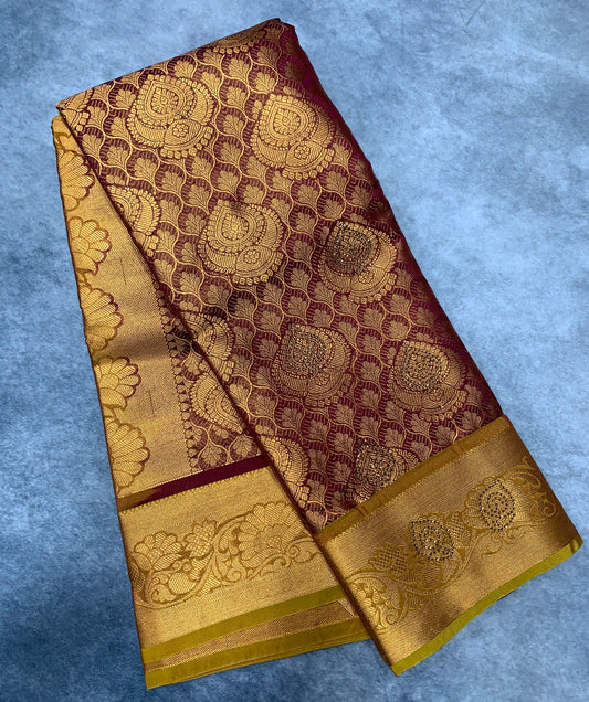 Vegan Silk Saree Maroon Colour with Copper and Golden Yellow Border