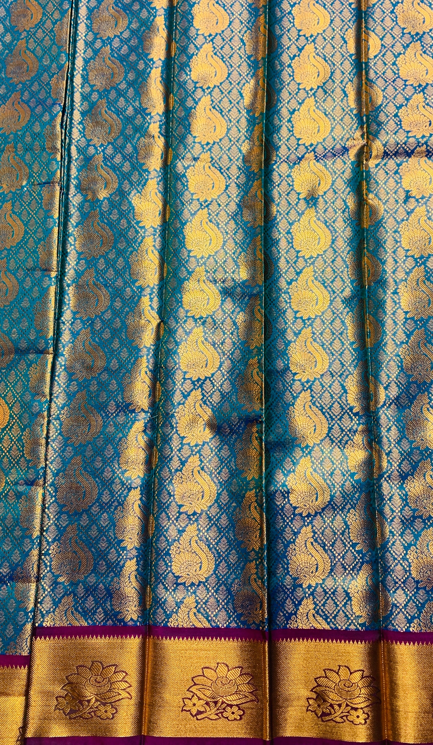 Vegan Silk Saree Rama Blue Colour with Copper and Magenta Border