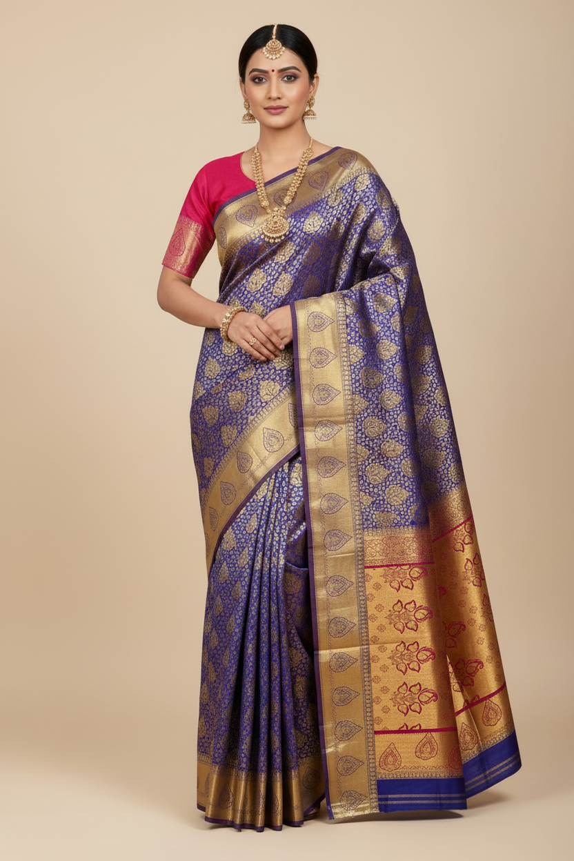 Vegan Silk Saree Violet Colour with Copper and Magenta Border