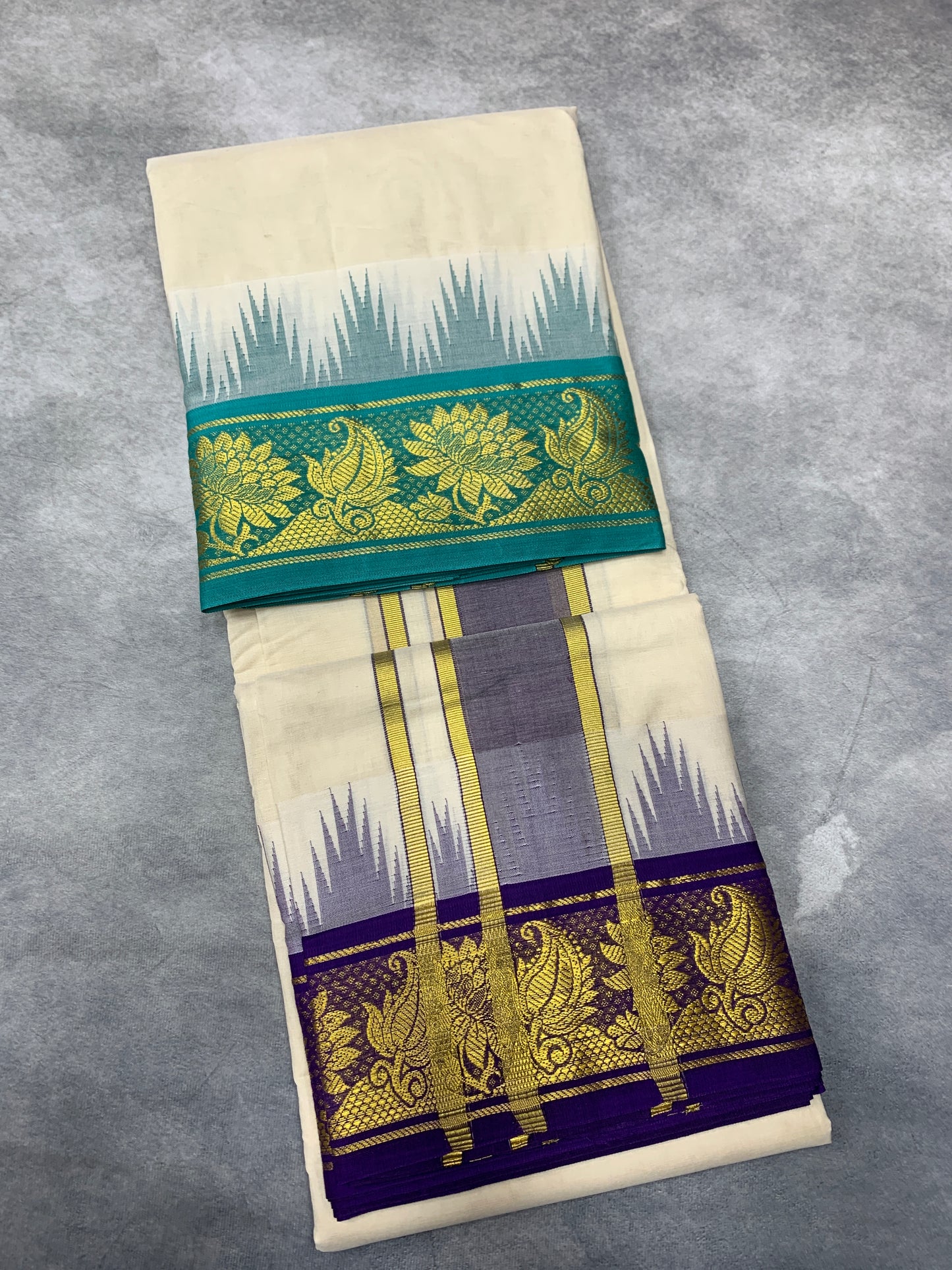Korvai Cotton Dhoti Half White Colour Green and Blue Border