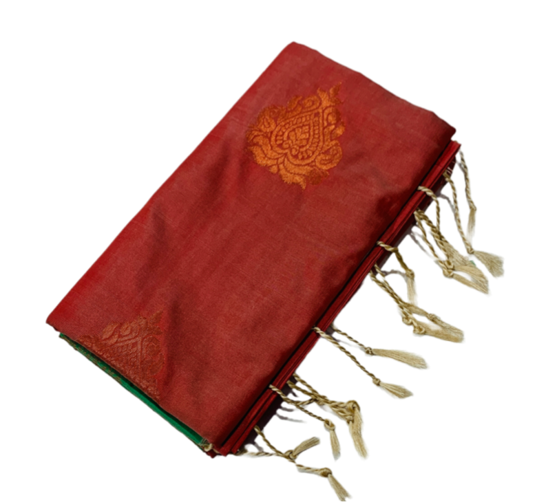 Soft Vegan Silk Saree Brownish Orange with Green Pallu