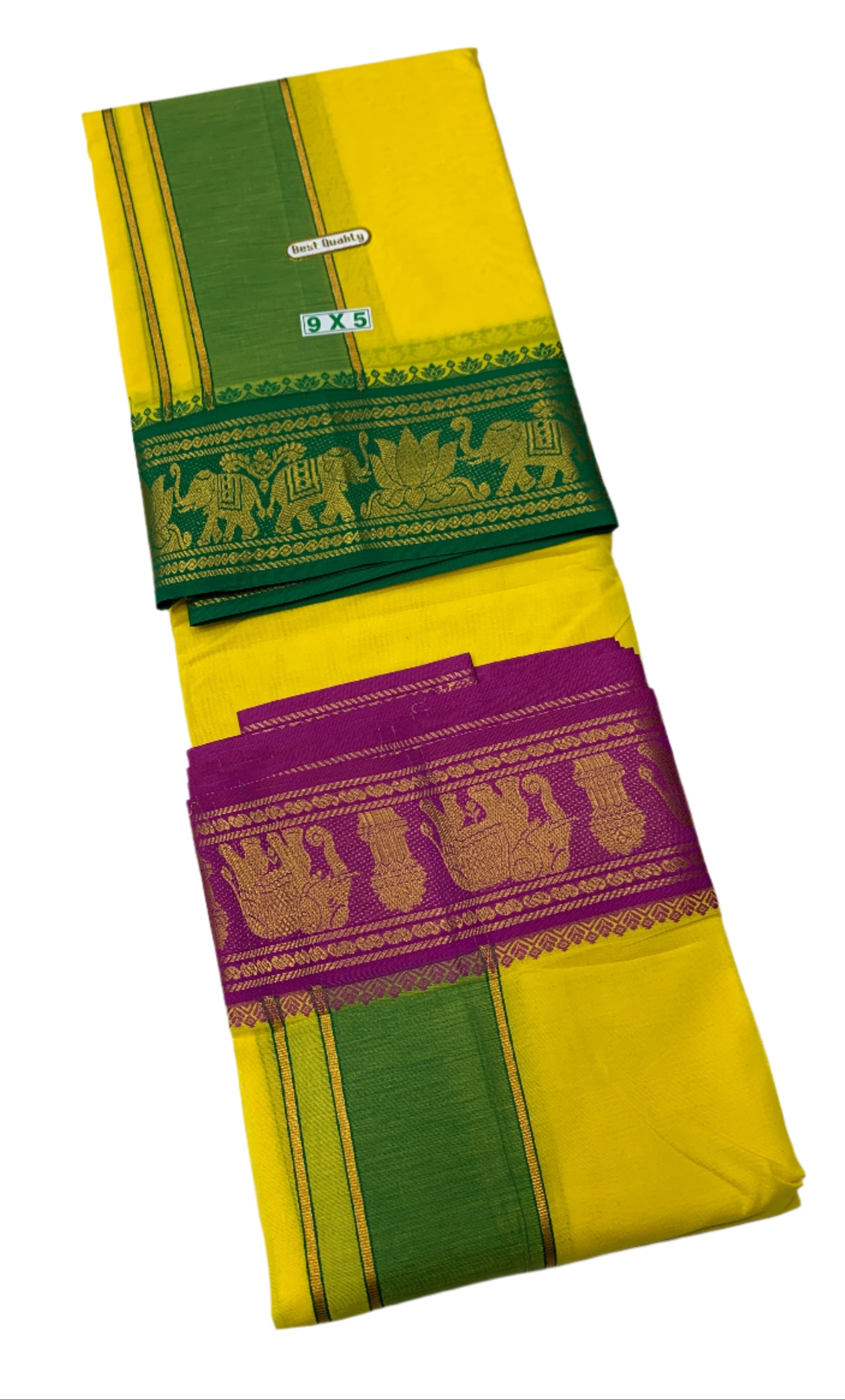 9X5 Cotton Dhoti Yellow Green and Pink Border with Angavastram