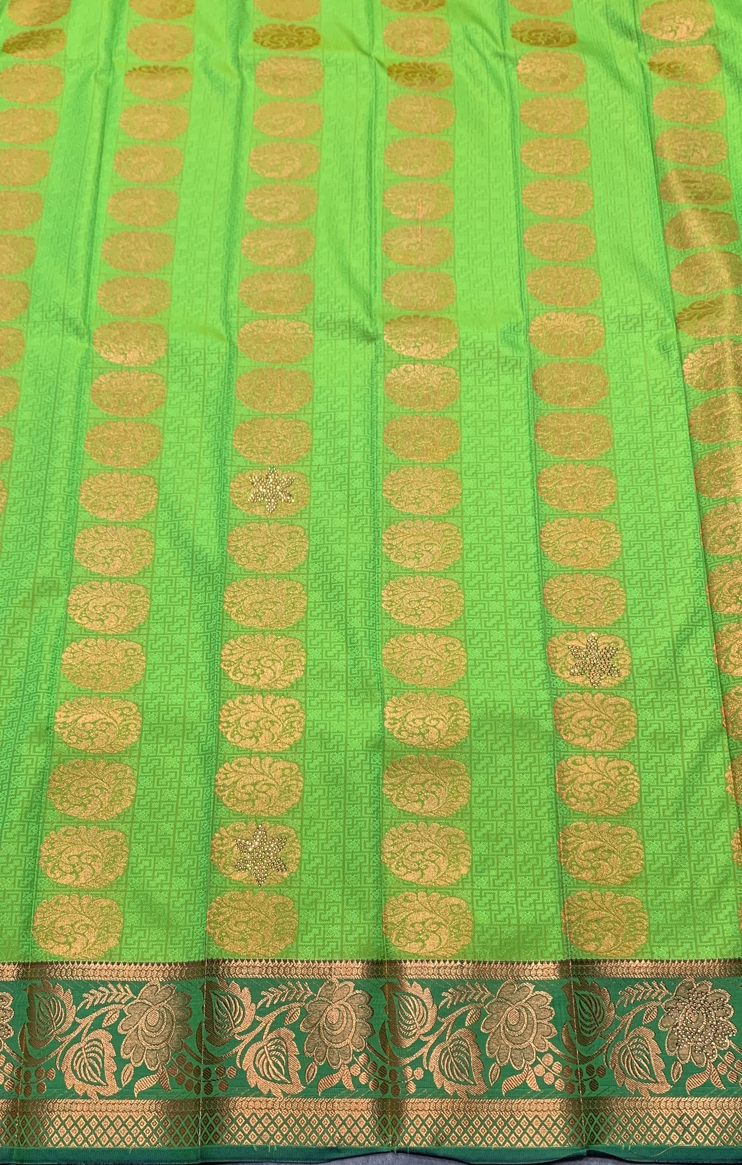 Vegan Silk Saree Light Green Colour with Copper and Green Floral Design Border