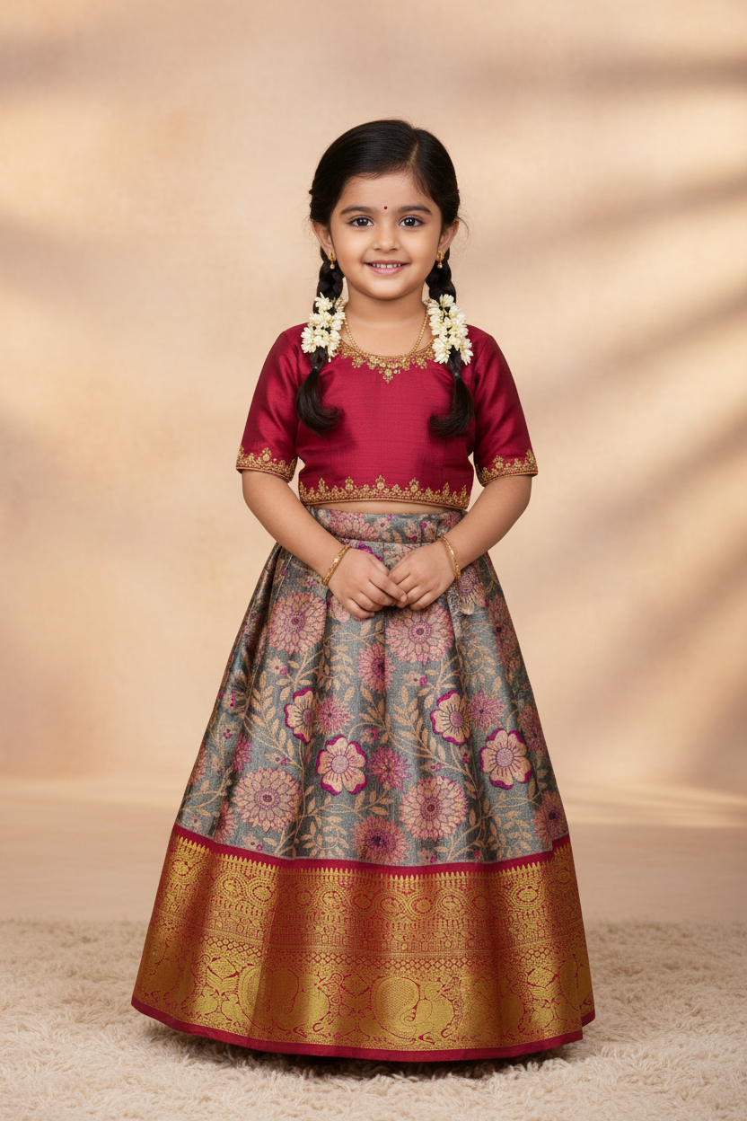 Gray Shade Vegan Silk Kids Pattu Pavadai with Contrast border for age 2 to 5